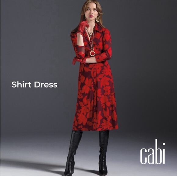 Cabi Long Sleeve Shirt Dress Floral mesh XS 4392 button down red burgundy - Picture 11 of 11